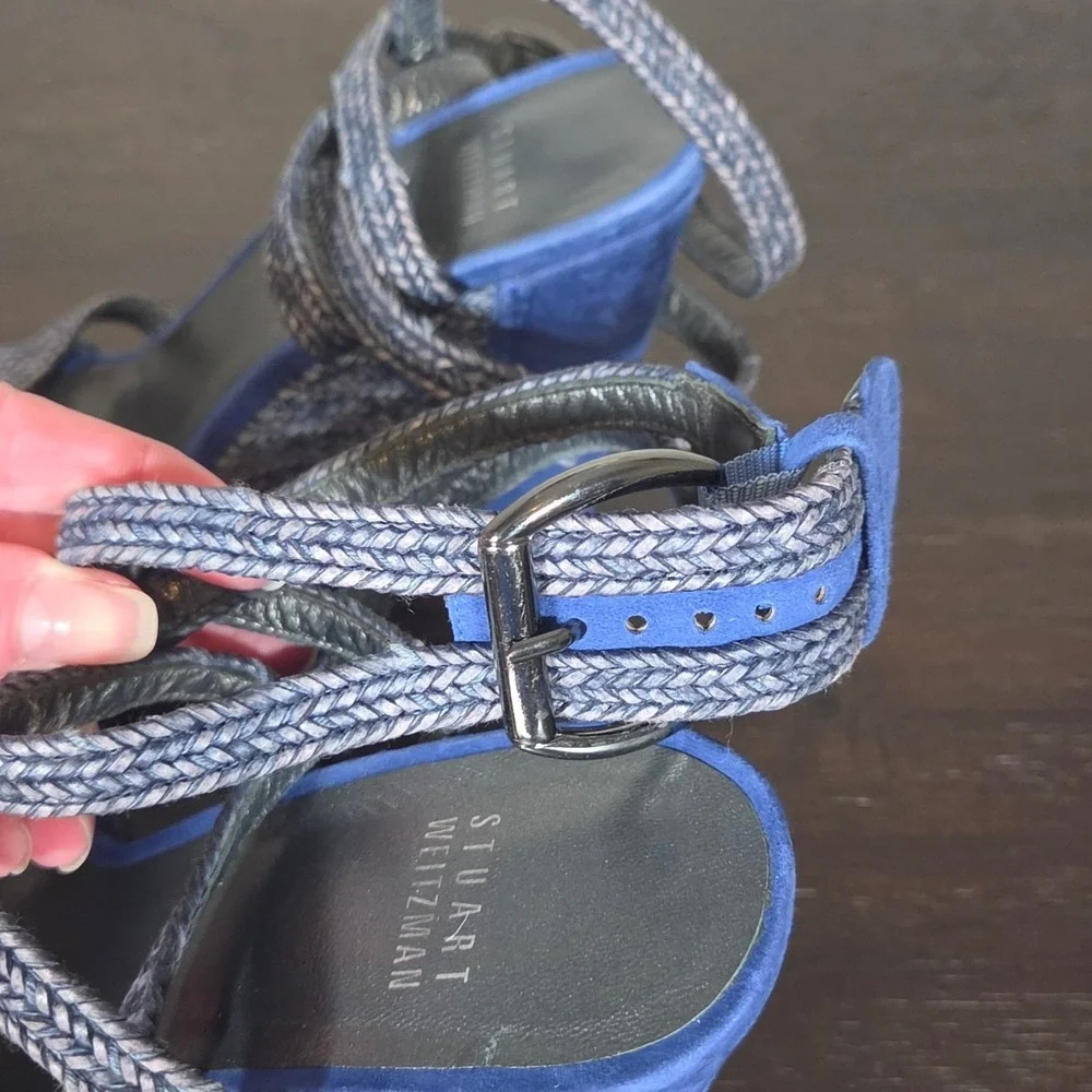 Stuart Weitzman Blue Suede Platform Wedge Sandals Strappy Women's Size 8 - Picture 9 of 10